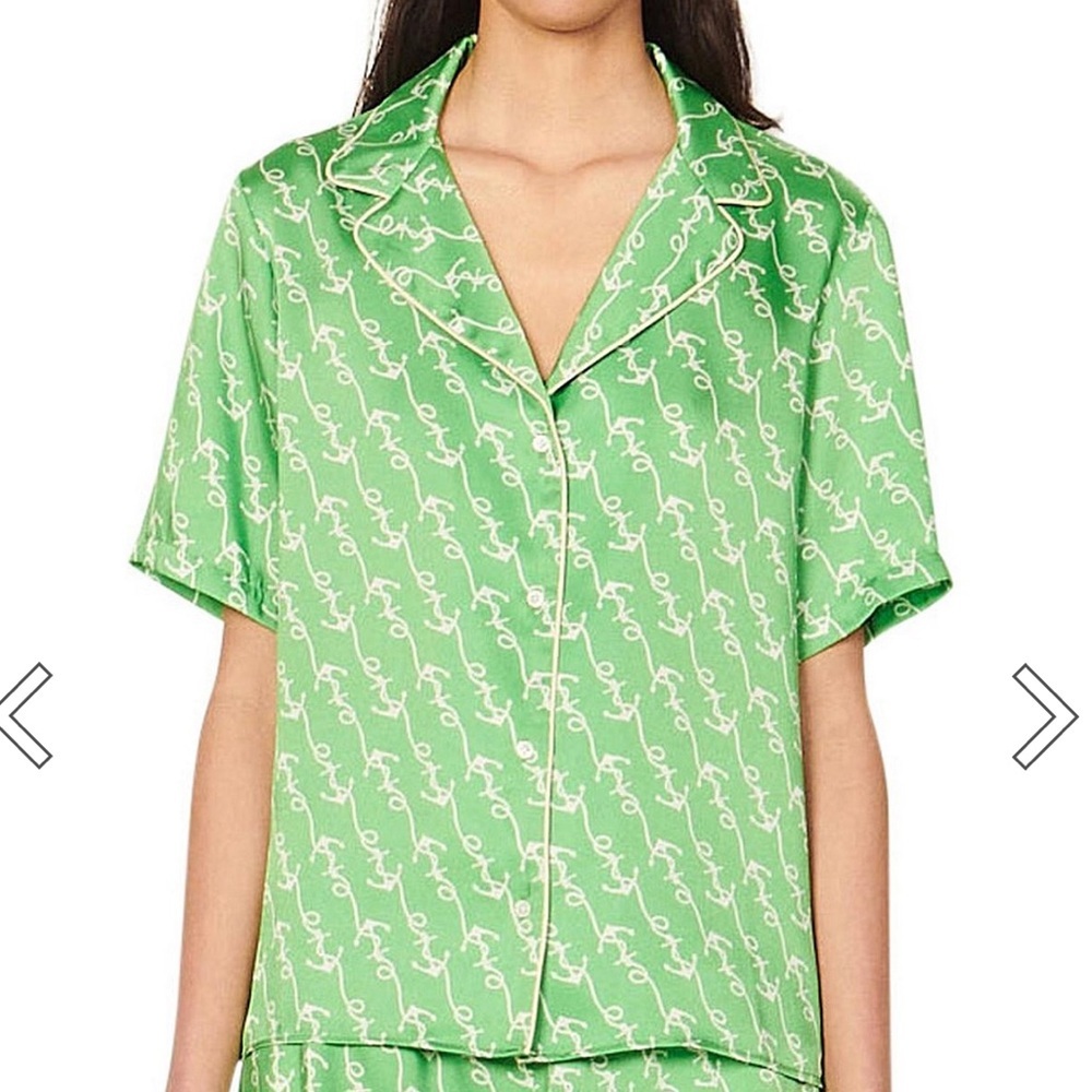 🌟SANDRO🌟 NAUTICAL PRINT SHORT SLEEVE BUTTON FRONT SHIRT BLOUSE GREEN SZ 0 XS